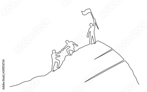 Group of people on the mountaintop One line drawing Business, teamwork, success, help and goal concept