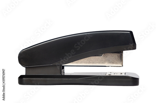 Black office stapler on white background. Isolated.