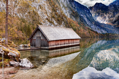 Boat house at the Obersee in Berchtesgadener Land, Bavaria, Germany.