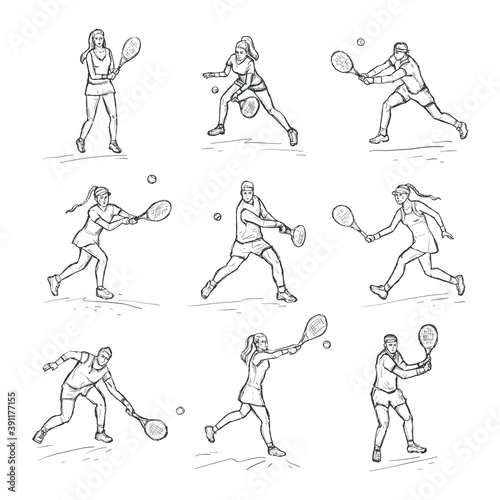 Men and women playing tennis. Sketch hand drawn vector set with tennis players. Sport concept. Black line isolated on white. Racket sport game.