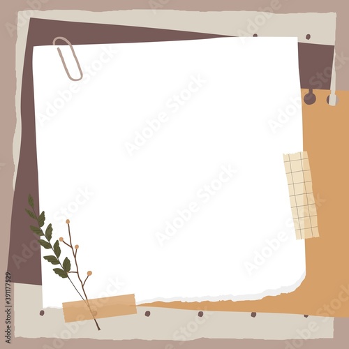 Scrapbook composition with notes paper, tapes and flowers elements. Page for stories