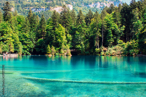 Photograph of Lake Blausee in Switzerland, located in the canton of Bern, Kandergrund, stands out for its crystal blue waters photo
