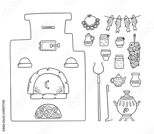 Set with traditional Russian stove, samovar, grip, pots, jug, bunch of onions and dried fish. Vector hand drawn illustration on white background