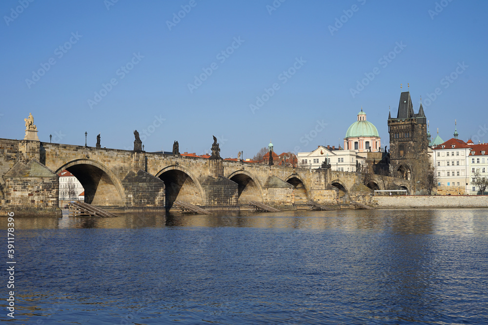 Historic center with famous Charles Bridge across Vltava River, Prague, Czech Republic