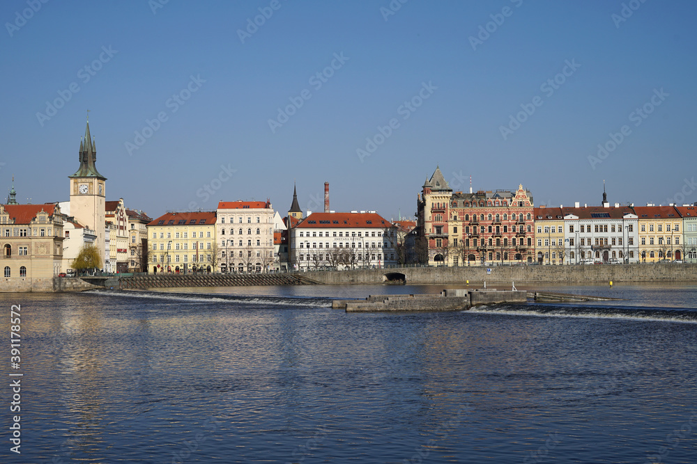 Historic city center and old town of Prague across Vltava River, Czech Republic