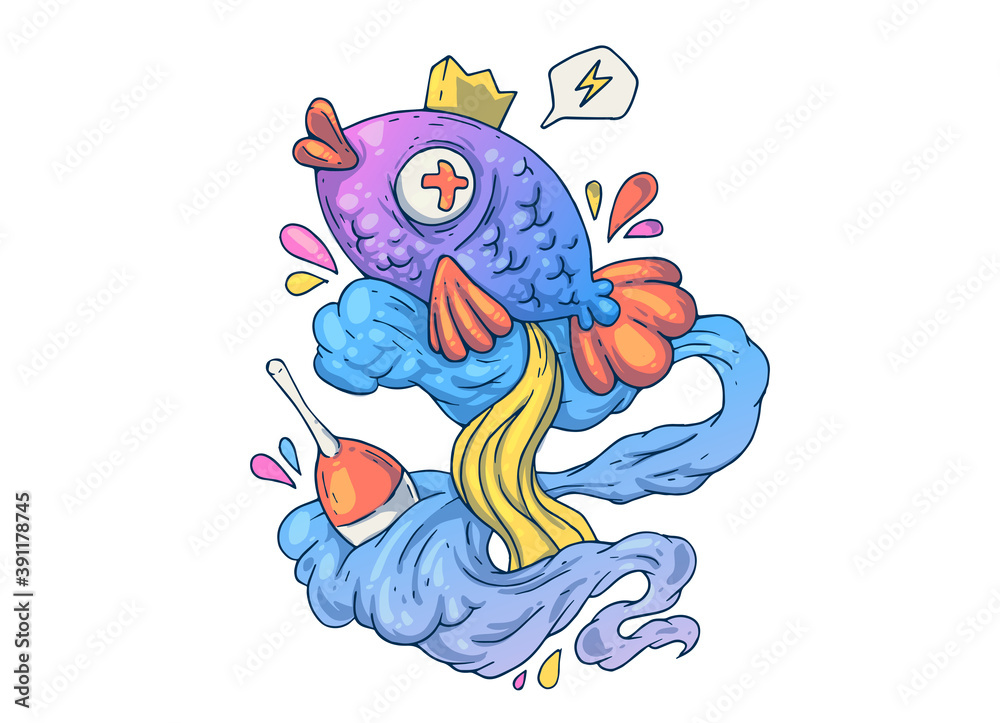 Funny sea fish. Creative cartoon illustration. Picture for print, advertising, applications and T-shirt print.