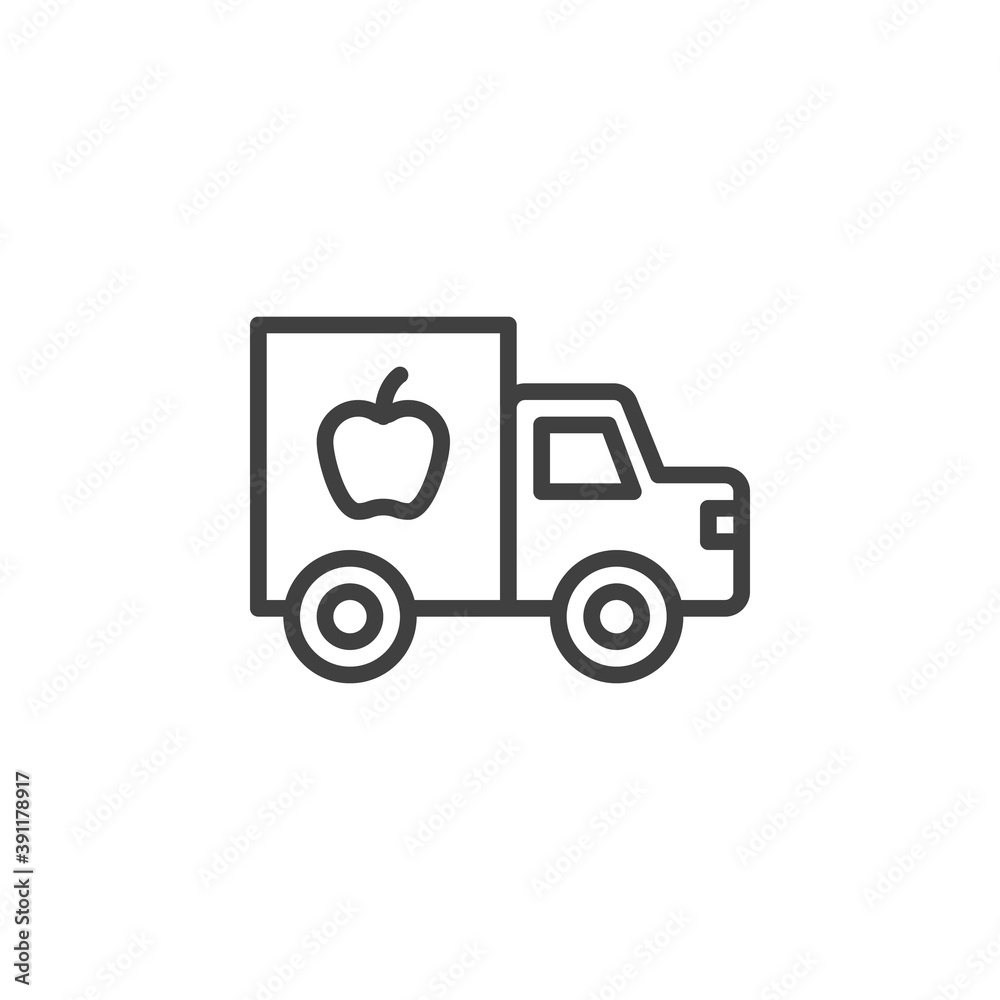 Toy truck line icon. linear style sign for mobile concept and web design. Delivery truck with apple outline vector icon. Symbol, logo illustration. Vector graphics