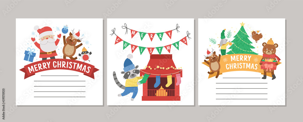 Cute set of square Christmas cards with Santa Claus, deer, chimney, present. Vector winter print design templates. New Year season banner or poster templates.  .