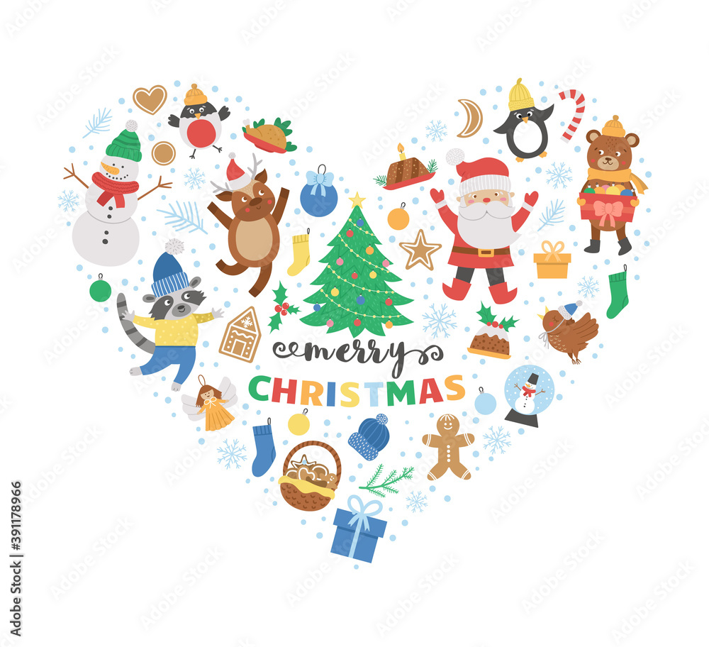 Obraz premium Vector heart shaped frame with Christmas elements. Traditional Ney Year party clipart. Funny design for banners, posters, invitations. Cute winter holiday card template with love concept..