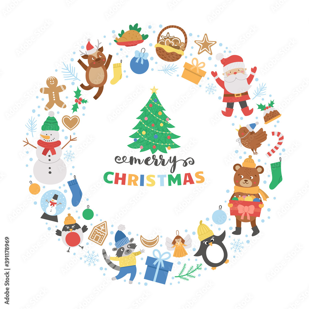 Vector round frame with Christmas elements. Traditional Ney Year party clipart. Funny design for banners, posters, invitations. Cute winter holiday card template in circle shape..