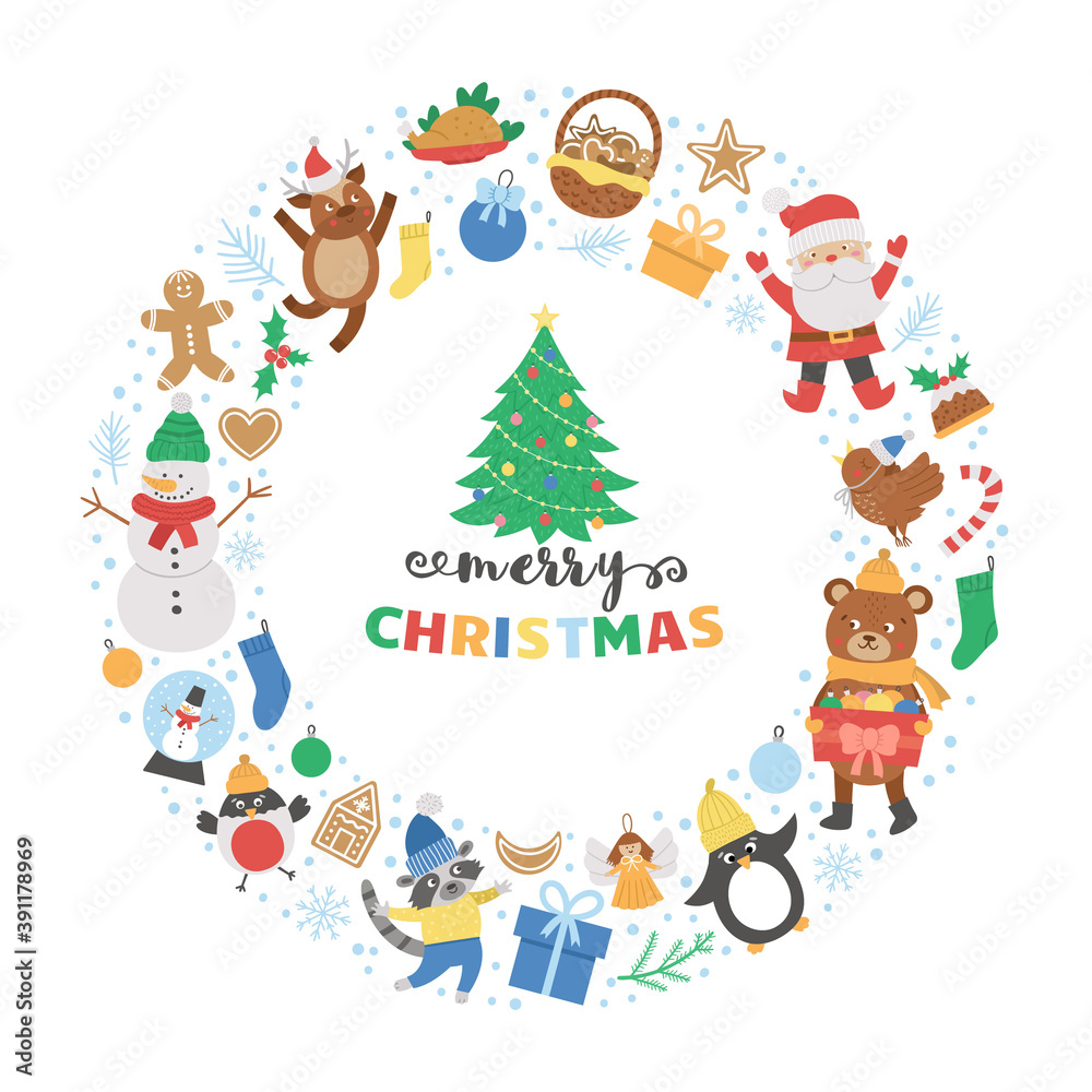 Vector round frame with Christmas elements. Traditional Ney Year party clipart. Funny design for banners, posters, invitations. Cute winter holiday card template in circle shape.. Vector round frame with Christmas elements. Traditional Ney Year party clipart. Funny design for banners, posters, invitations. Cute winter holiday card template in circle shape..