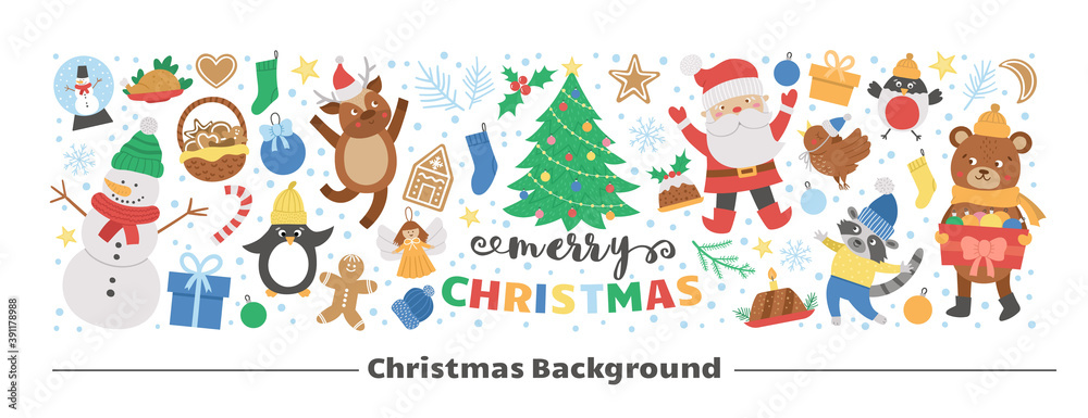 Vector horizontal layout frame with Christmas elements. Traditional New Year party clipart set. Funny design for web banners, posters, invitations. Cute winter holiday card template..