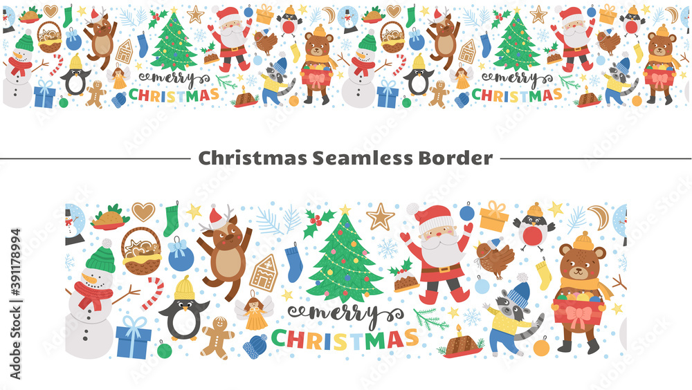 Vector seamless border brush with Christmas elements. Traditional New Year party horizontal background. Funny pattern with Santa Claus, deer, bullfinch, present, cute animals. .