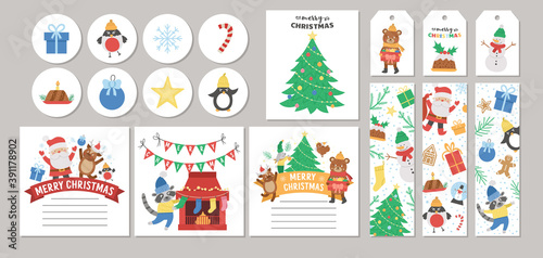 Cute set of Christmas sale cards with Santa Claus  fir tree  snowman  deer. Vector square  round  horizontal  vertical print templates. Winter holiday designs for tags  postcards  sale.  .
