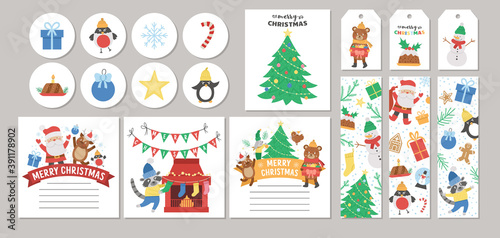 Cute set of Christmas sale cards with Santa Claus, fir tree, snowman, deer. Vector square, round, horizontal, vertical print templates. Winter holiday designs for tags, postcards, sale.  .