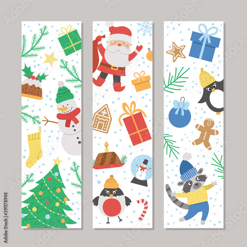 Vector Christmas bookmarks set with Santa Claus, fir tree, snowman, deer. Funny New Year design for banners, posters, invitations. Winter holiday vertical card template with cute animals.