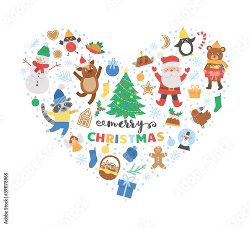Vector heart shaped frame with Christmas elements. Traditional Ney Year party clipart. Funny design for banners, posters, invitations. Cute winter holiday card template with love concept..
