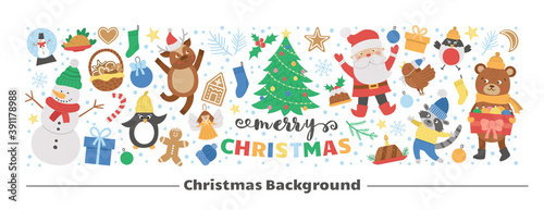 Fototapeta Naklejka Na Ścianę i Meble -  Vector horizontal layout frame with Christmas elements. Traditional New Year party clipart set. Funny design for web banners, posters, invitations. Cute winter holiday card template..