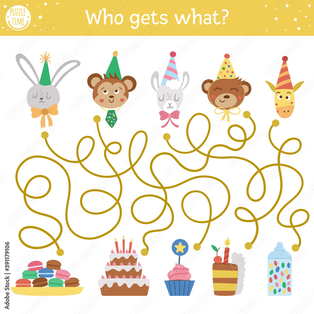 Obraz premium Birthday maze for children. Holiday preschool printable educational activity. Funny b-day party game or puzzle with cute animals and cakes, cupcakes, candies. Who gets what? .