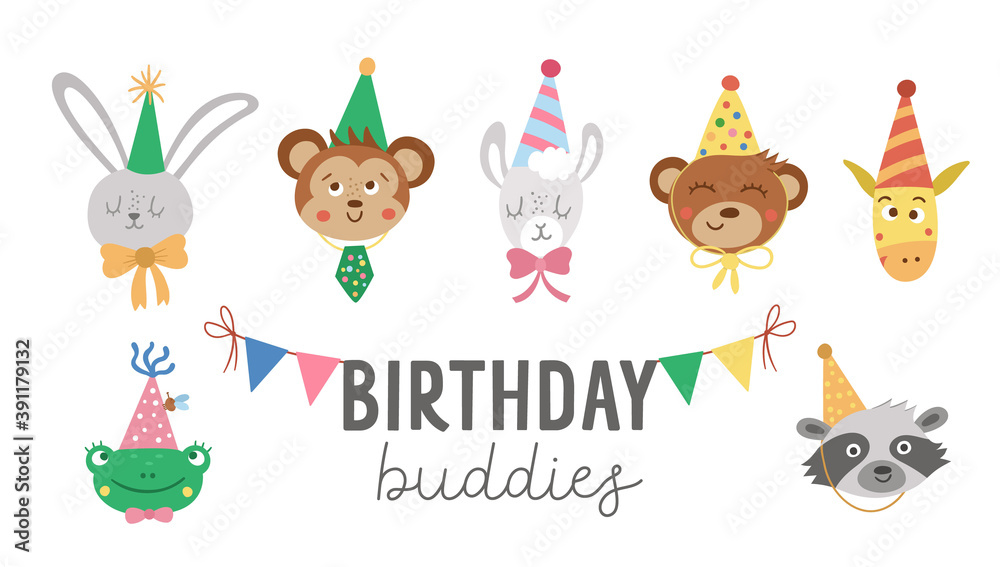 Set of vector cute animal faces in party hats. Birthday avatars collection. Funny illustration of hare, bear, frog, llama, raccoon, monkey for kids. Celebration icons pack isolated on white background