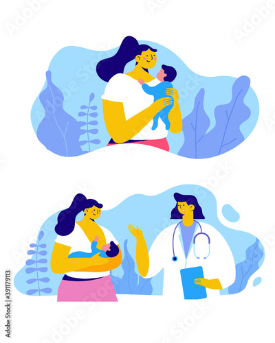 Consultation with a mammalogist or pediatrician. Woman holding and breastfeeding infant baby.  Doctor talking with young mother. Healthcare concept . Flat vector illustration
