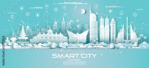 Technology wireless network communication smart city with icon in Indonesia.