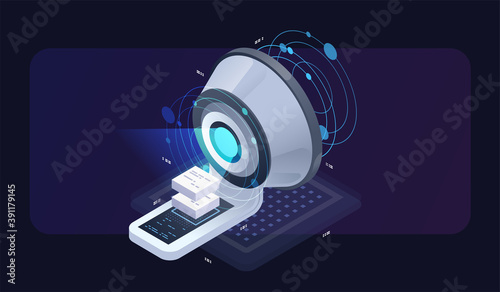 Datacenter isometric vector illustration. information flow,digital science lab, data center server room isometric concept.