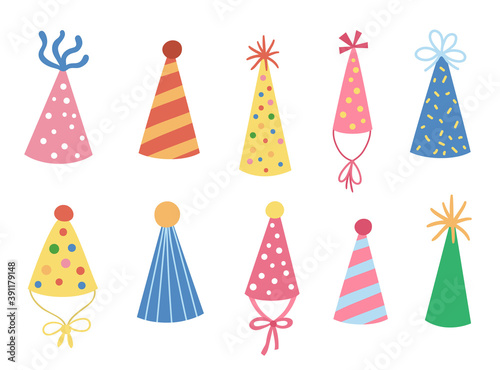 Vector cute set of birthday hats. Funny b-day accessory for card, poster, print design. Bright holiday illustration for kids. Pack with cheerful celebration icons isolated on white background..