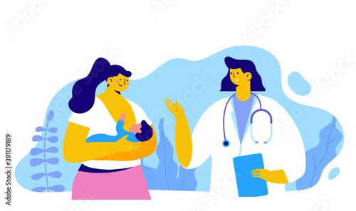 Consultation with a mammalogist or pediatrician. Woman holding and breastfeeding infant baby.  Doctor talking with young mother. Healthcare concept . Flat vector illustration