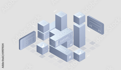 Isometric Digital Technology Web Banner. BIG DATA Machine Learning Algorithms. interacting Data analysis, research, audit, demographics, Artificial Intelligence, isometric visualization concept
