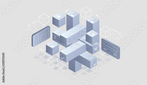 Isometric Digital Technology Web Banner. BIG DATA Machine Learning Algorithms. interacting Data analysis, research, audit, demographics, Artificial Intelligence, isometric visualization concept