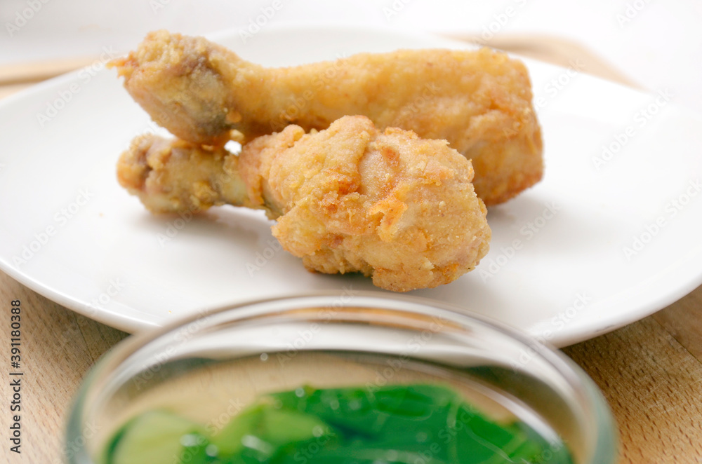 3 Crispy Fried Chicken Drumsticks, with vegetables soup, pok coy and chayote 3 Crispy Fried Chicken Drumsticks, with vegetables soup, pok coy and chayote