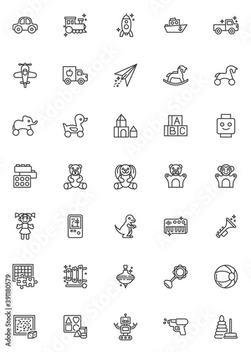 Baby toys line icons set. linear style symbols collection, outline signs pack. vector graphics. Set includes icons as teddy bear toy, robot, alphabet cubes, pyramid, doll, rocking horse, truck car