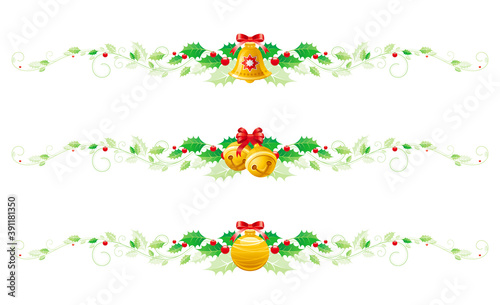Christmas holly set. Vector ribbon border garland with holly leaf and bell decoration. Holiday frame. Branch and bow background. Isolated on white banners. Merry Xmas jingle bell design