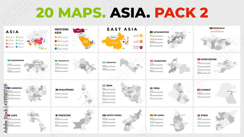 Asia vector map infographic templates. Slide presentation. Includes 20 info graphics. Pack 2.