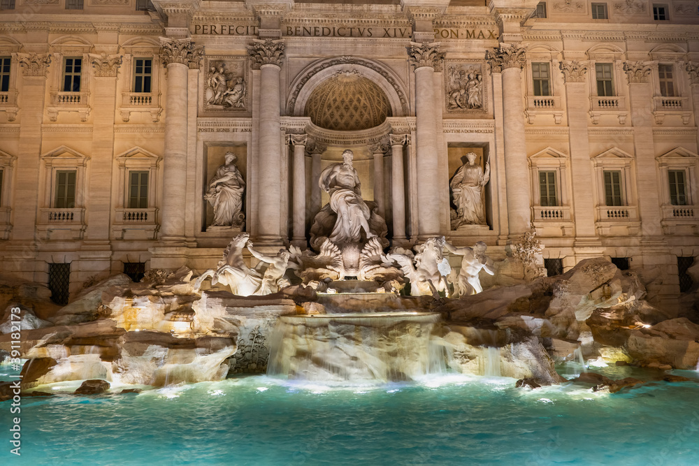 Trevi Fountain At Night In Rome, Italy