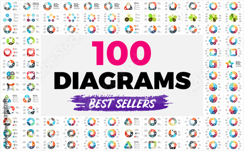 100 Circle Diagrams. Infographic templates set for your presentation. Geometric signs and symbols for 3, 4, 5, 6, 7, 8 steps, options and processes.