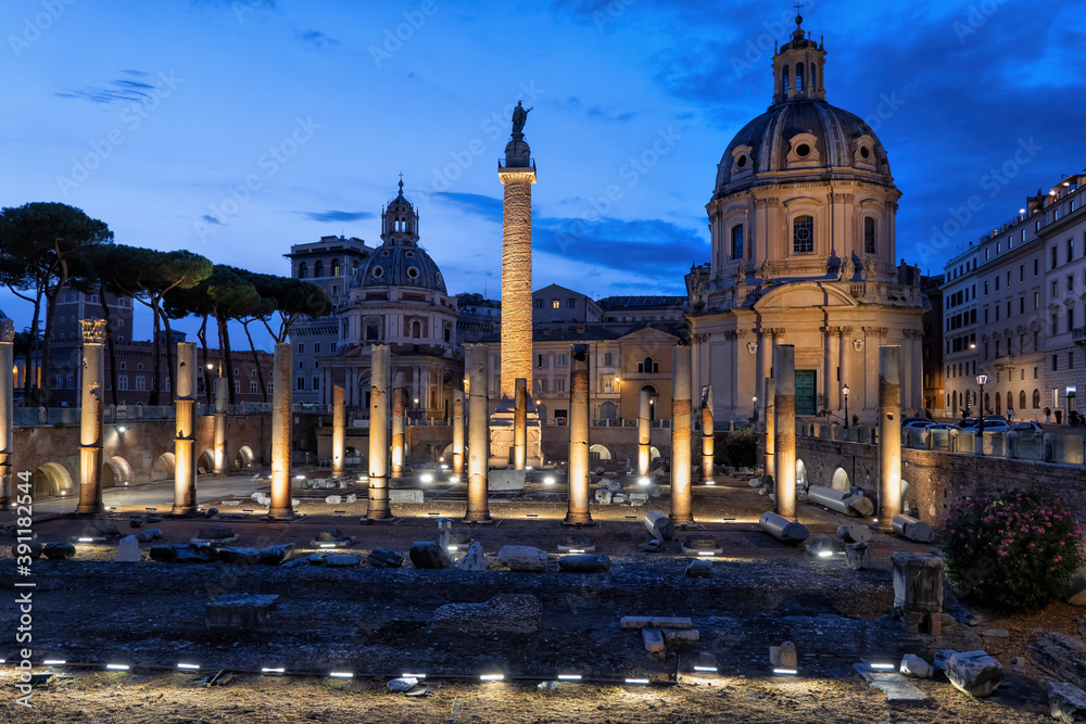City of Rome in Italy at night, Trajan Forum (Foro di Traiano) and Column, Church of St Mary of Loreto and Church of the Most Holy Name of Mary at the Trajan Forum.