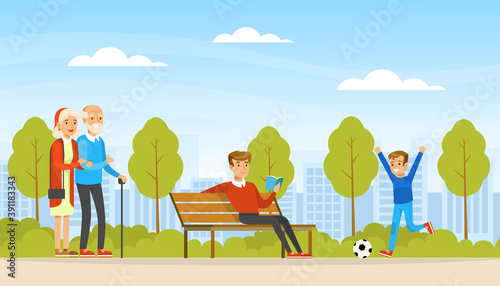 People Relaxing in Nature in Urban Park, Elderly Couple Walking, Young Man Sitting on Bench and Reading Book, Cute Boy Playing with Ball Cartoon Style Vector Illustration