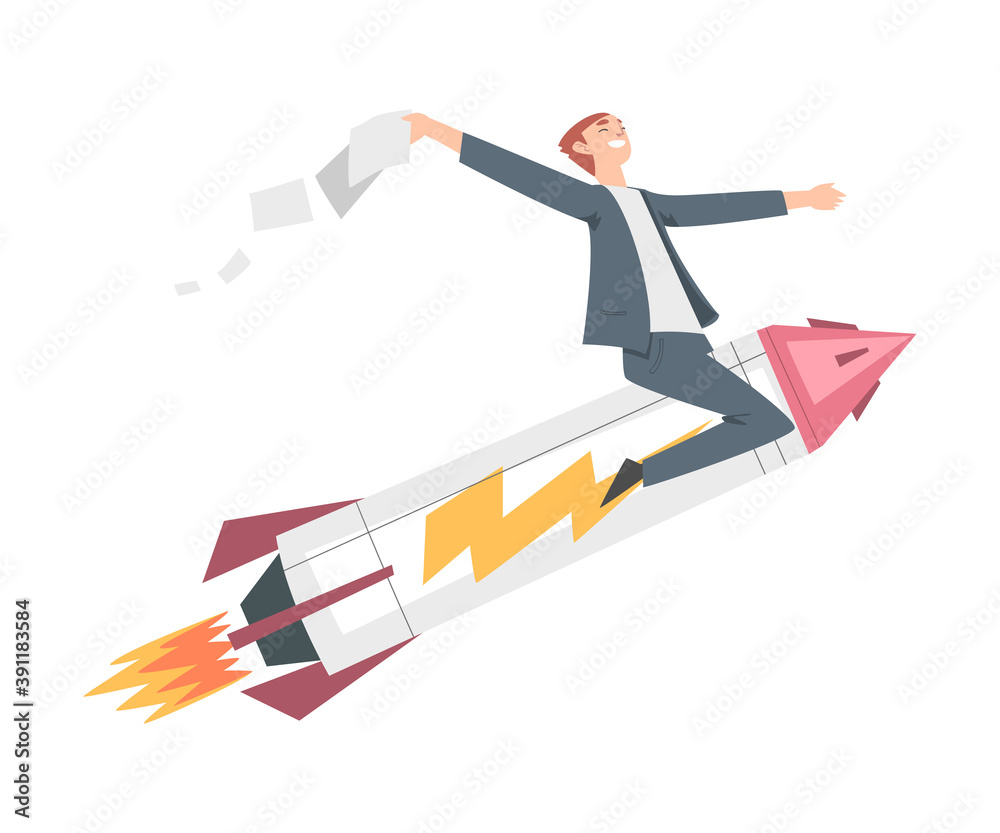 Successful Businessman Flying on Rocket Ship, Leadership, Competitive Advantage, Startup Business Concept Cartoon Style Vector Illustration