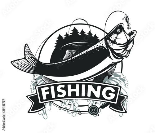 Rainbow trout jumping out water.Salmon isolated on white background. Concept art for horoscope, tattoo or colouring book.