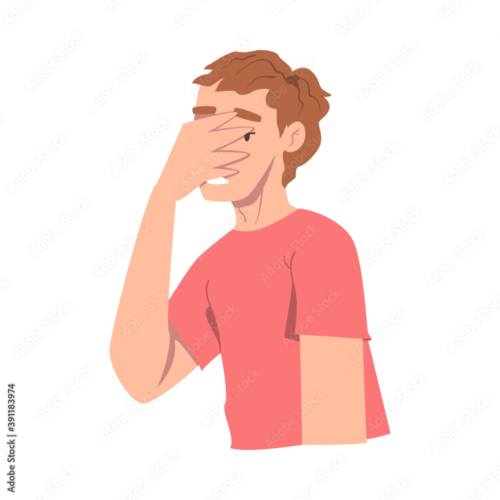 Embarrassed Guy Covering his Face with Hand, Regretful Person Sorry and Apologizing Cartoon Style Vector Illustration