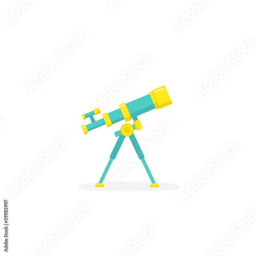 Blue cartoon telescope searching for stars or opportunities. Science, cosmos symbol.