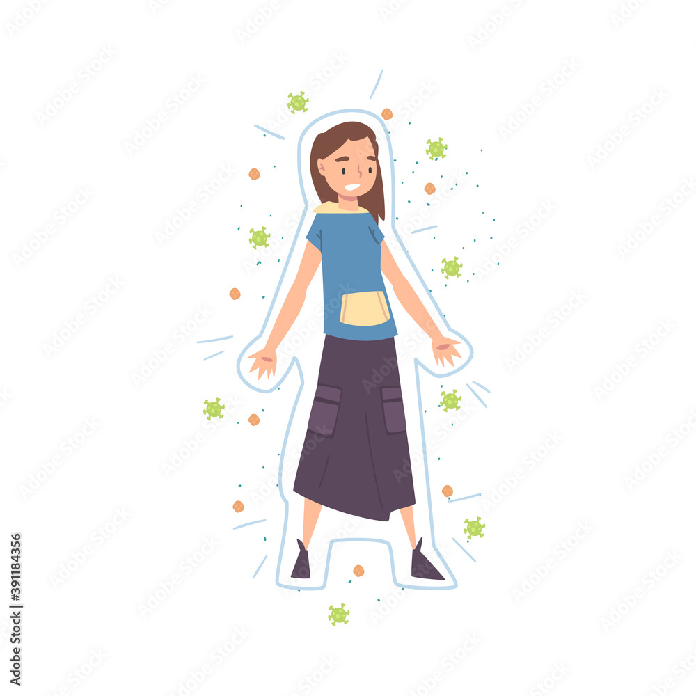 Healthy Smiling Girl Reflecting Bacteria and Viruses Attack, Strong Immune System Concept Cartoon Style Vector Illustration Healthy Smiling Girl Reflecting Bacteria and Viruses Attack, Strong Immune System Concept Cartoon Style Vector Illustration