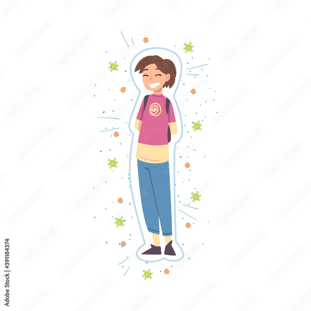 Healthy Teenage Girl Reflecting Bacteria and Viruses Attack, Strong Immune System Concept Cartoon Style Vector Illustration Healthy Teenage Girl Reflecting Bacteria and Viruses Attack, Strong Immune System Concept Cartoon Style Vector Illustration