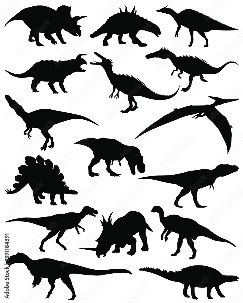 Collection of silhouettes of dinosaurs. Vector collection of dinosaurs silhouettes. Dinosaurs silhouette set.