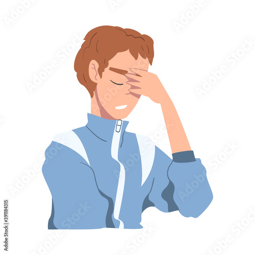 Embarrassed Young Man, Regretful Person Character Sorry and Apologizing Cartoon Style Vector Illustration