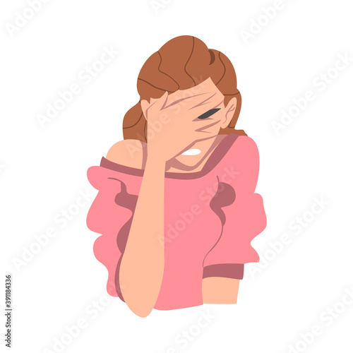 Embarrassed Woman Covering her Face with Hand, Regretful Person Character Cartoon Style Vector Illustration