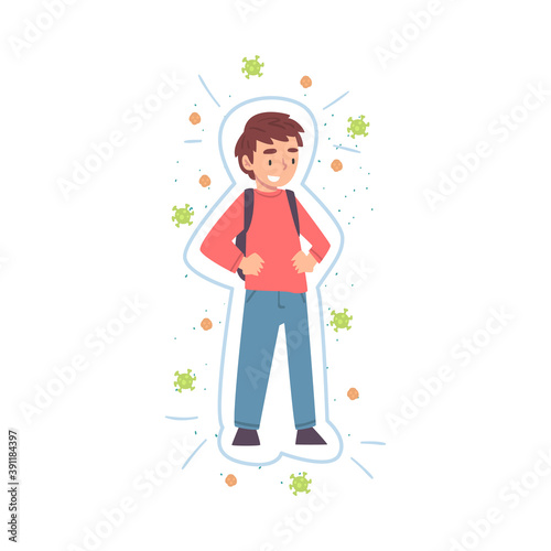 Healthy Smiling Boy Reflecting Bacteria and Viruses Attack, Strong Immune System Concept Cartoon Style Vector Illustration