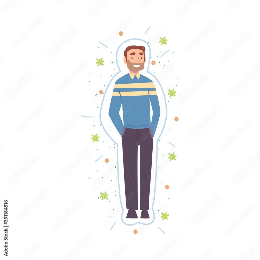 Fototapeta premium Healthy Man Reflecting Bacteria and Viruses Attack, Strong Immune System Concept Cartoon Style Vector Illustration